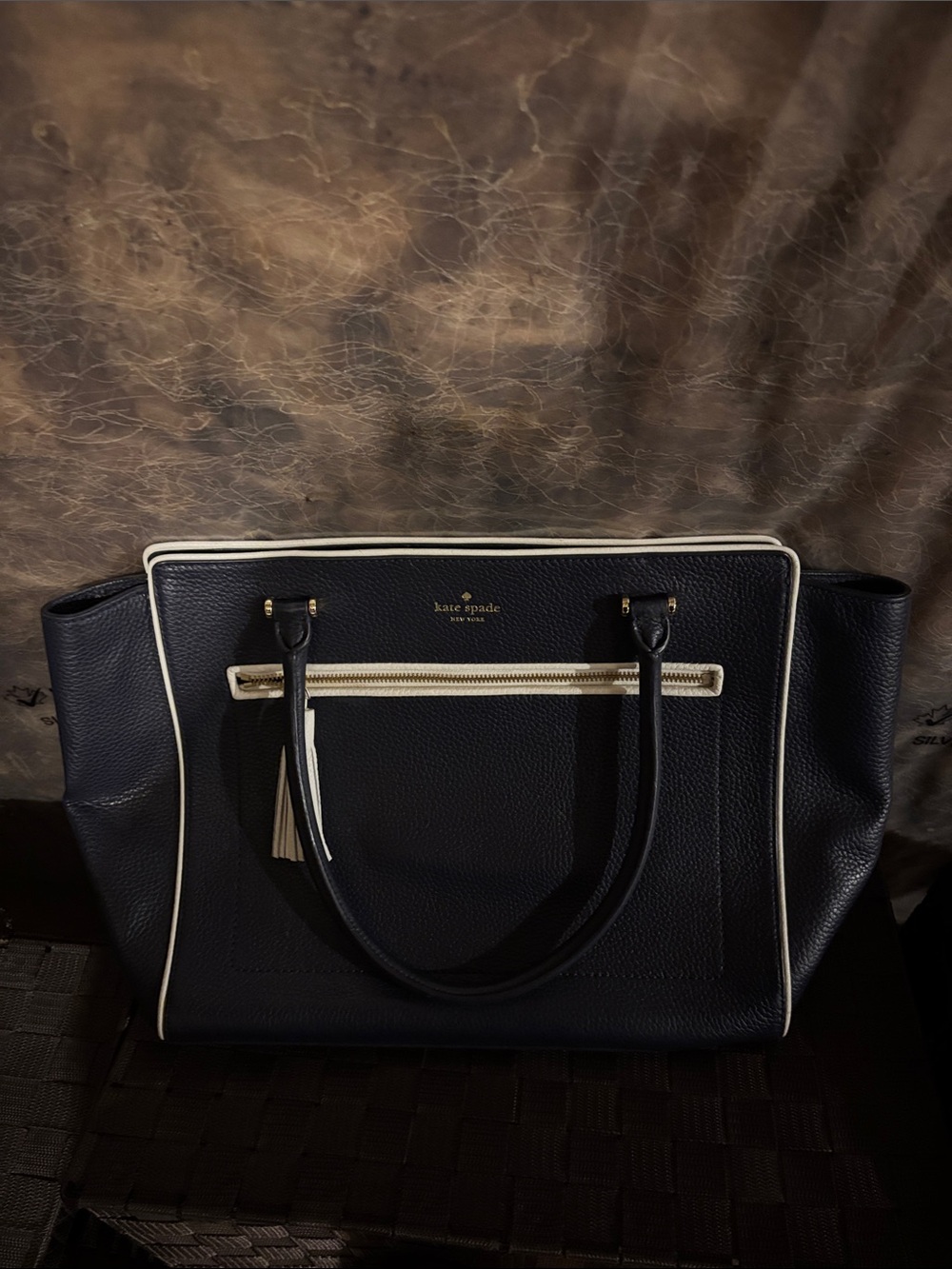 kate spade Navy Tote with Cream Trim and Gold Hardware